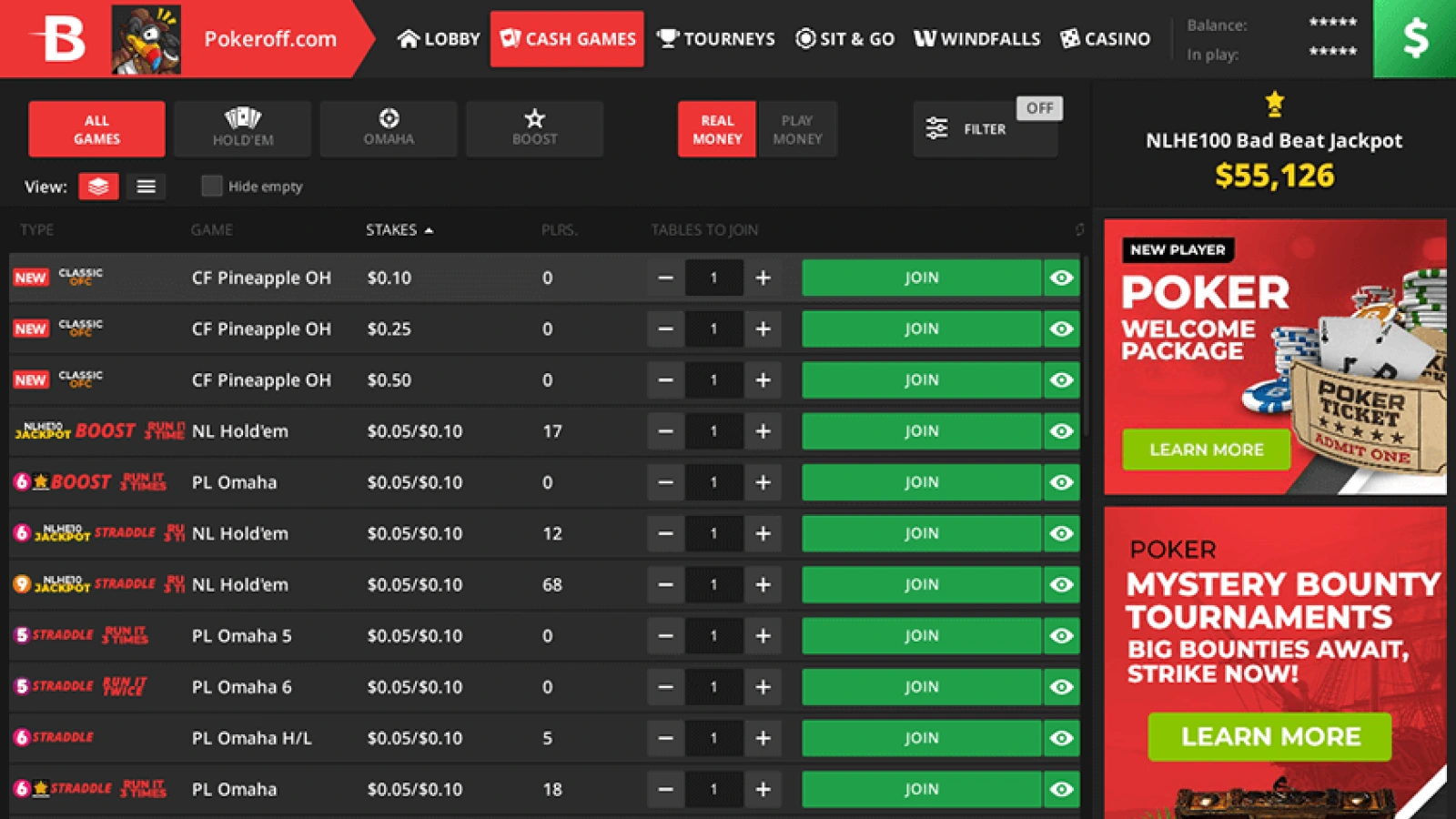 BetOnline Poker cash games page