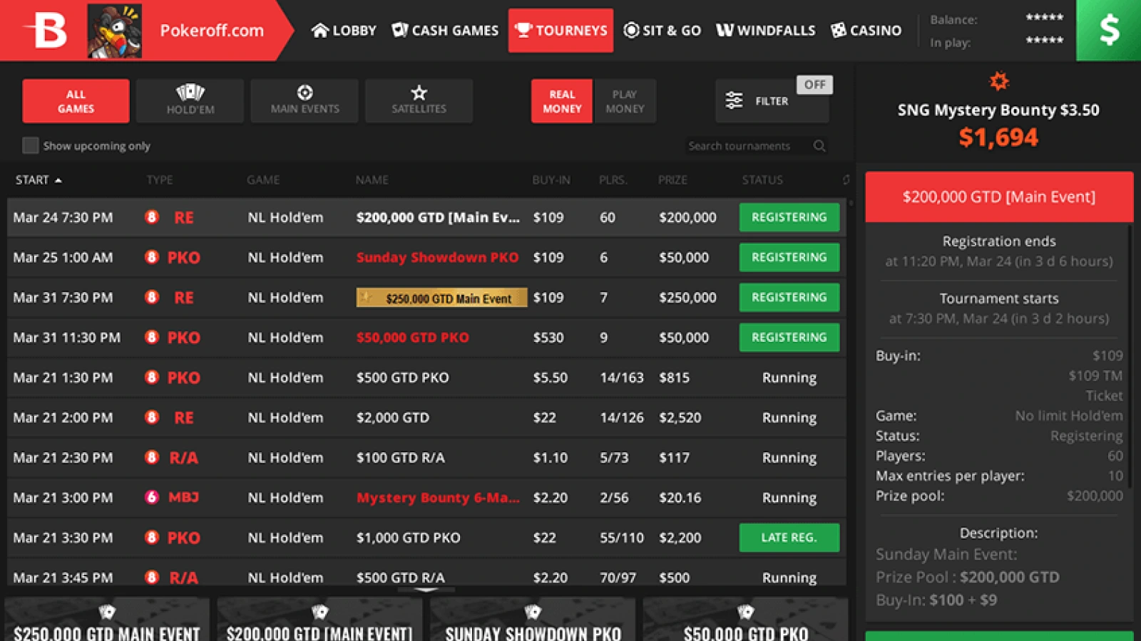 BetOnline Poker tournament lobby