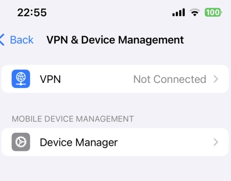 iPhone VPN and Device Management settings screenshot