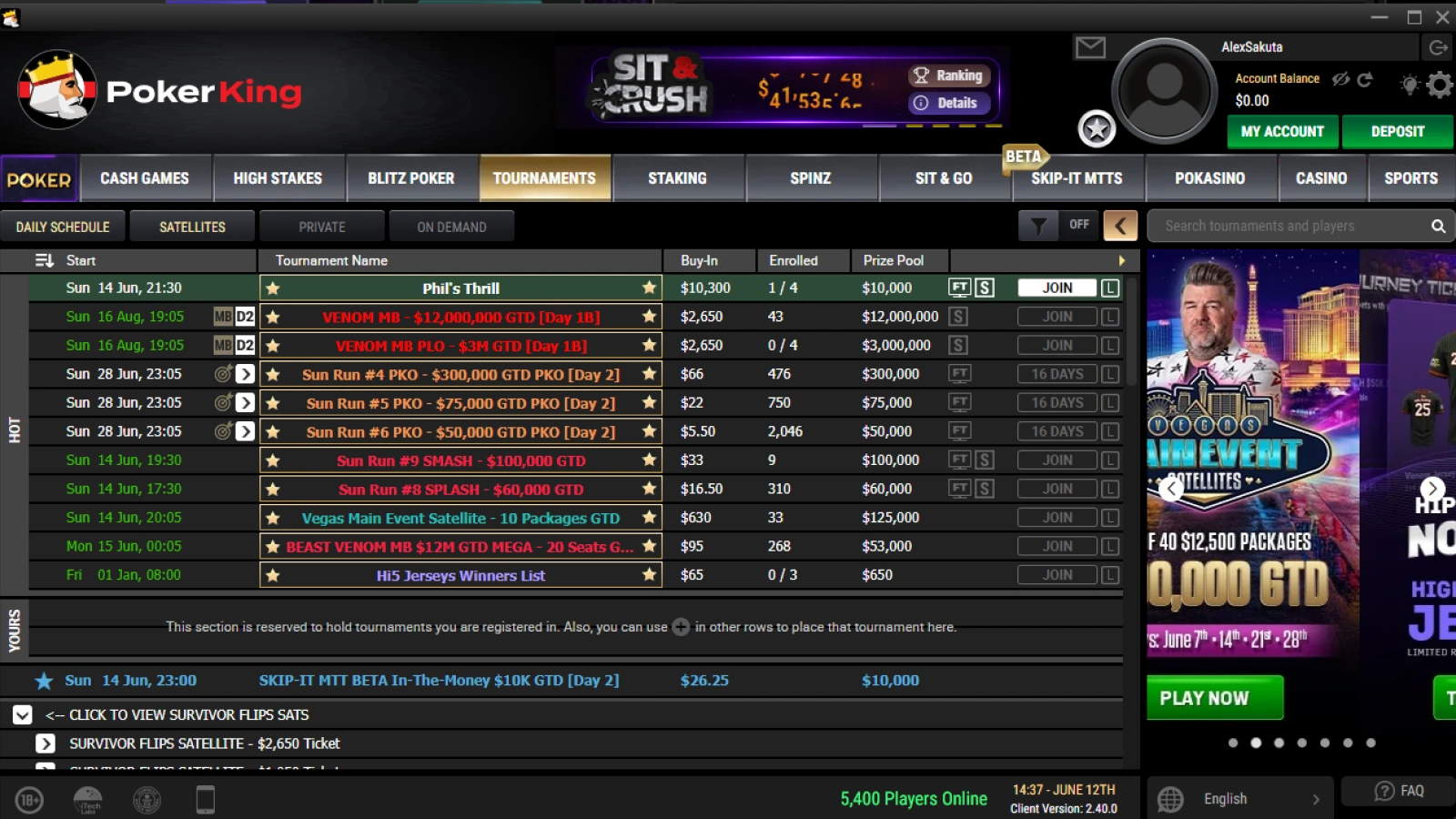 PokerKing tournament lobby screenshot