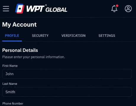 WPT Global account profile information screen screenshot