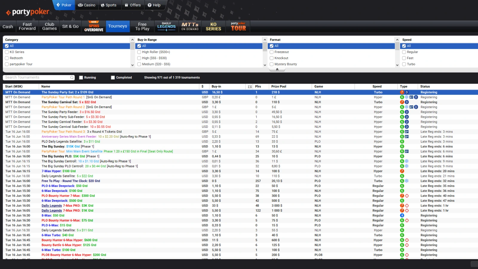 partypoker tournament lobby