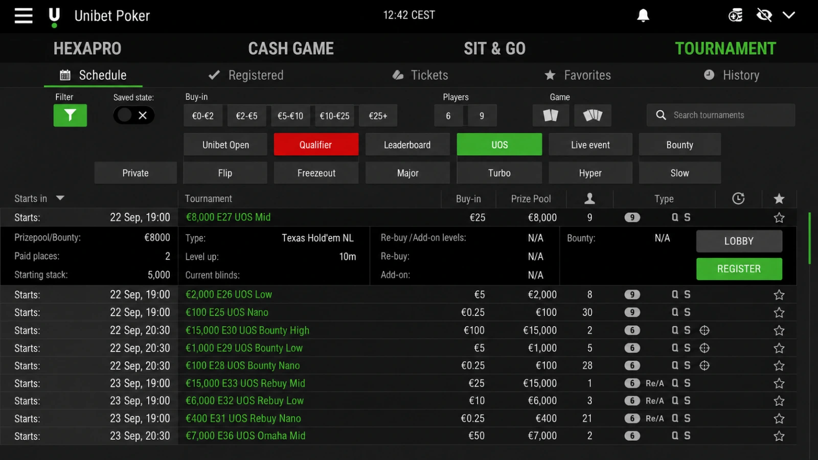 Unibet Poker tournament lobby