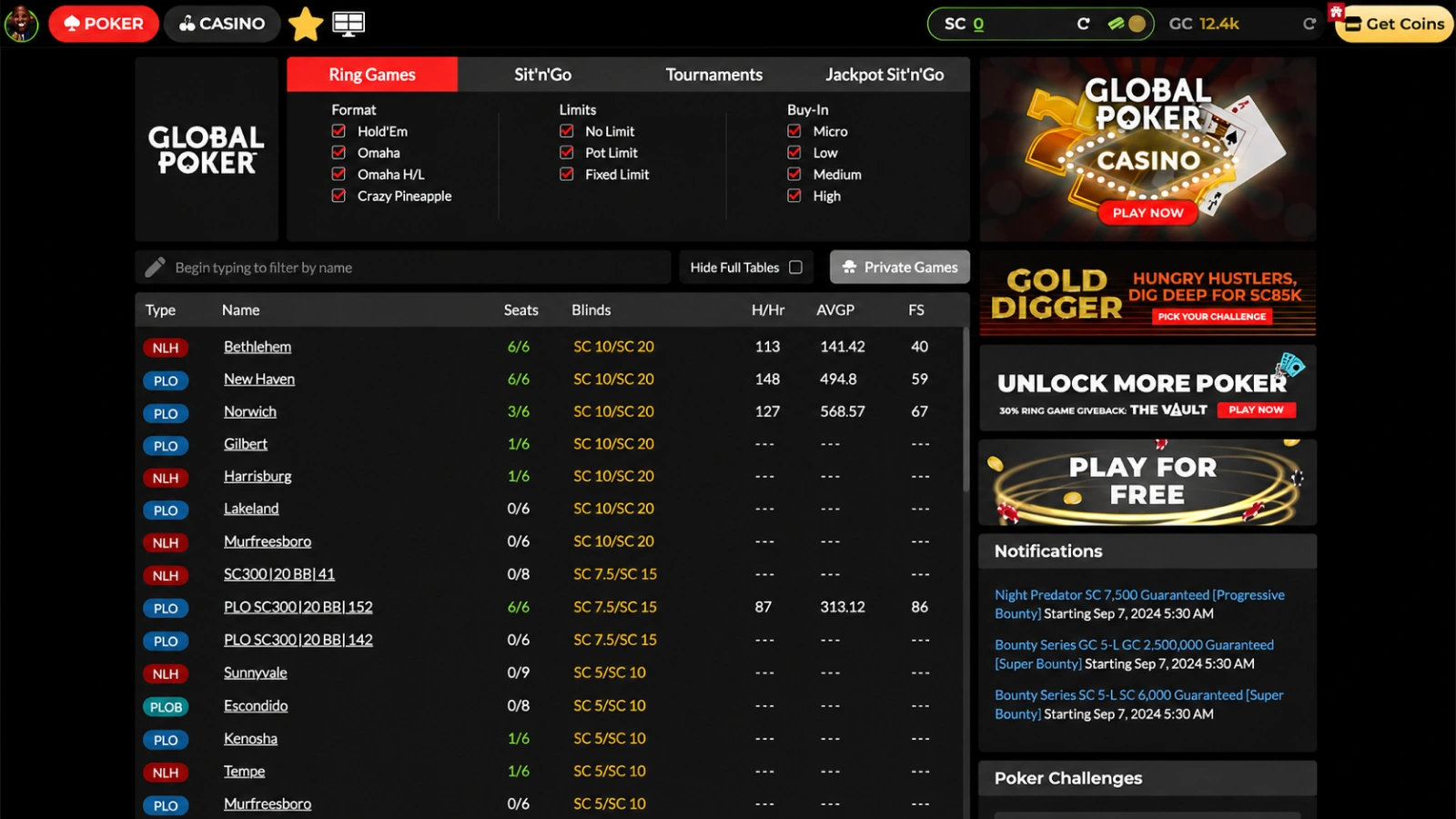 Global Poker cash games page