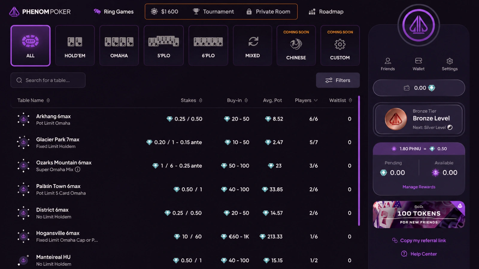 Phenom Poker lobby screenshot