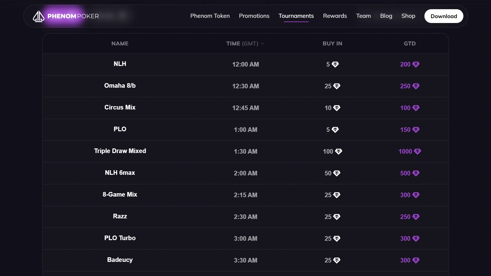 Phenom Poker Tournament lobby screenshot