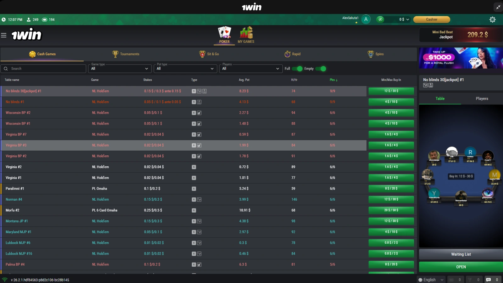 1Win Poker cash games page