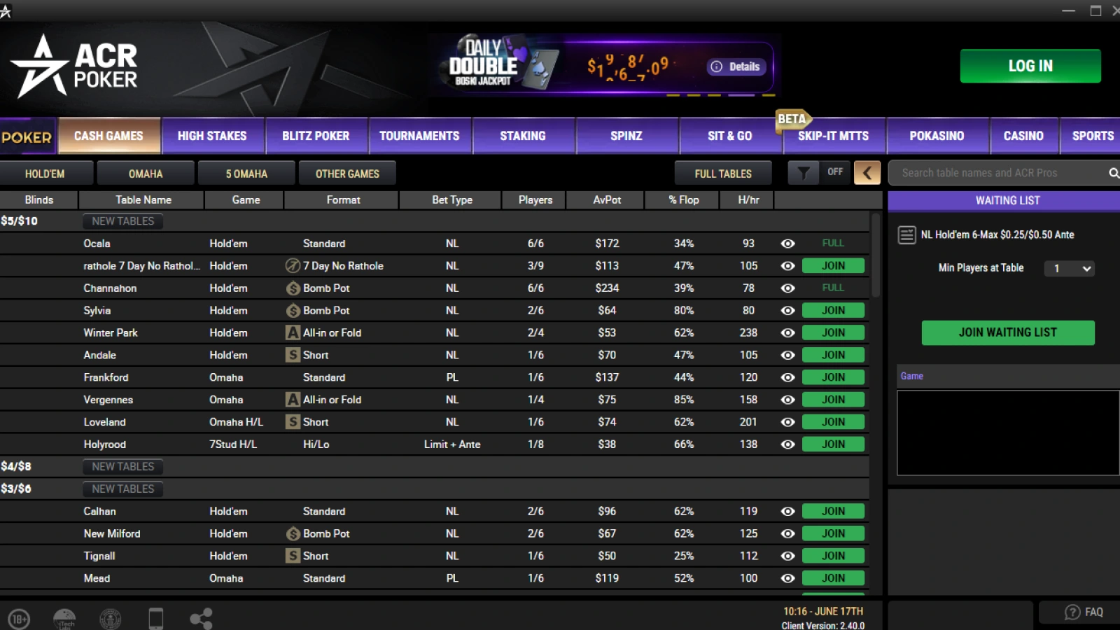 Americas Cardroom cash games page