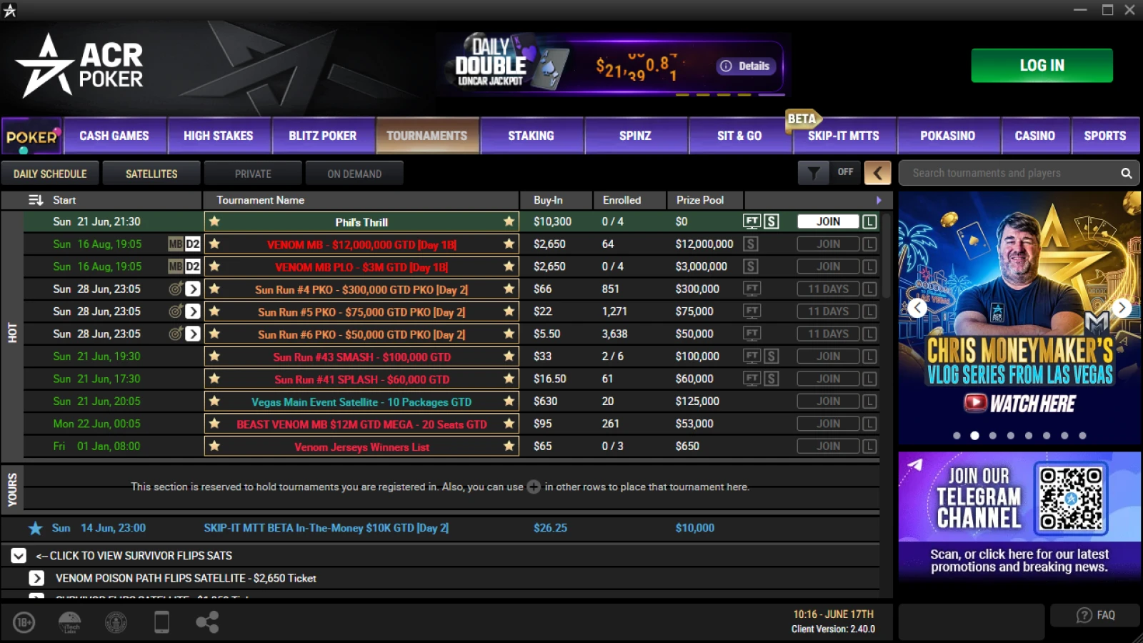 Americas Cardroom tournament lobby