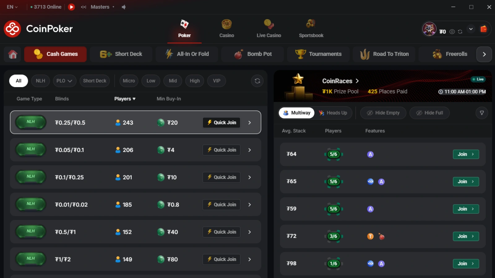 Coinpoker cash games lobby screenshot