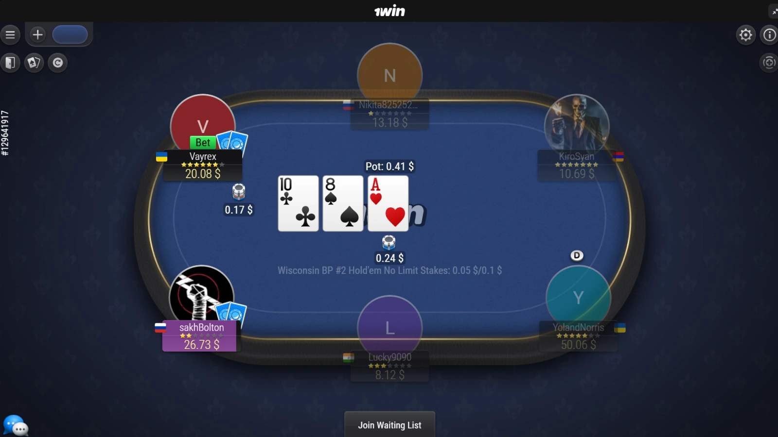 1win Poker Pokertisch