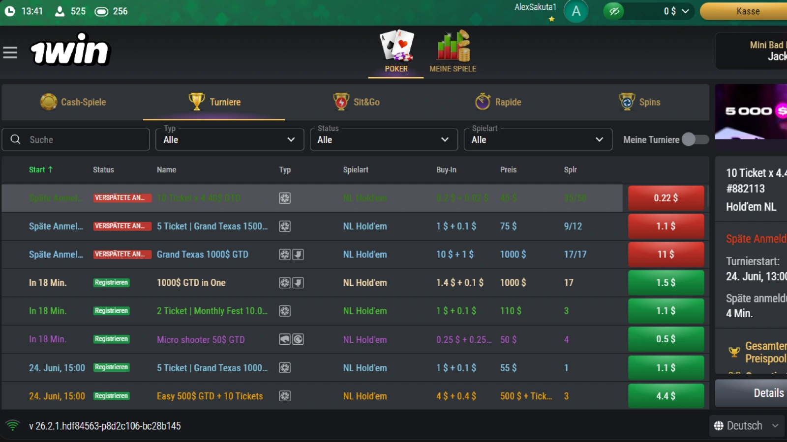 1win Poker Turnier-Lobby