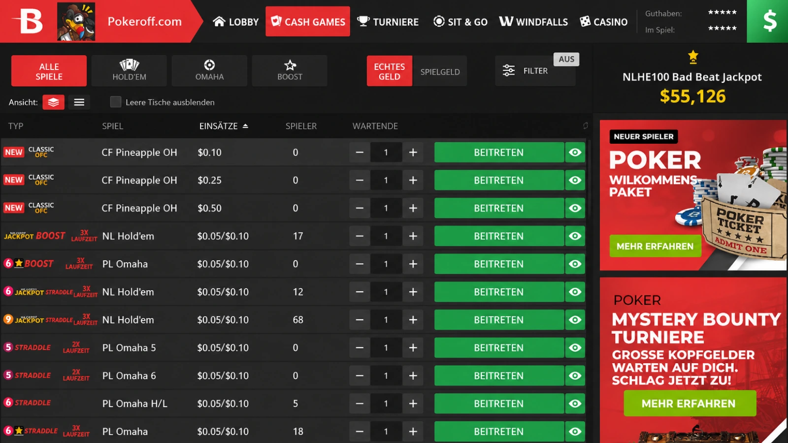 BetOnline Poker Cashgame-Seite