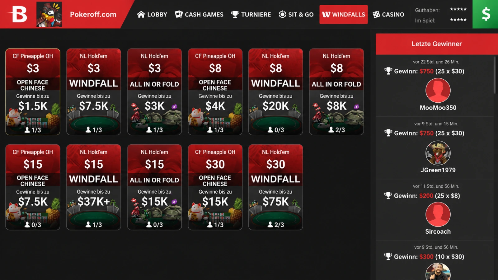 BetOnline Poker game-Seite