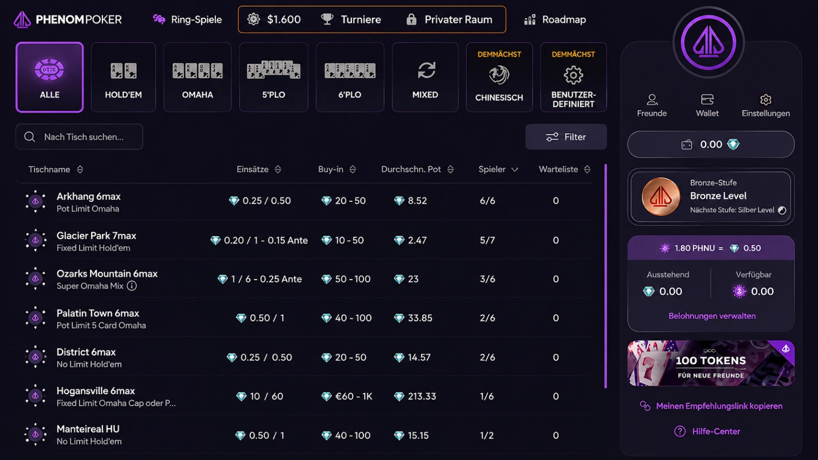 Phenom Poker Lobby
