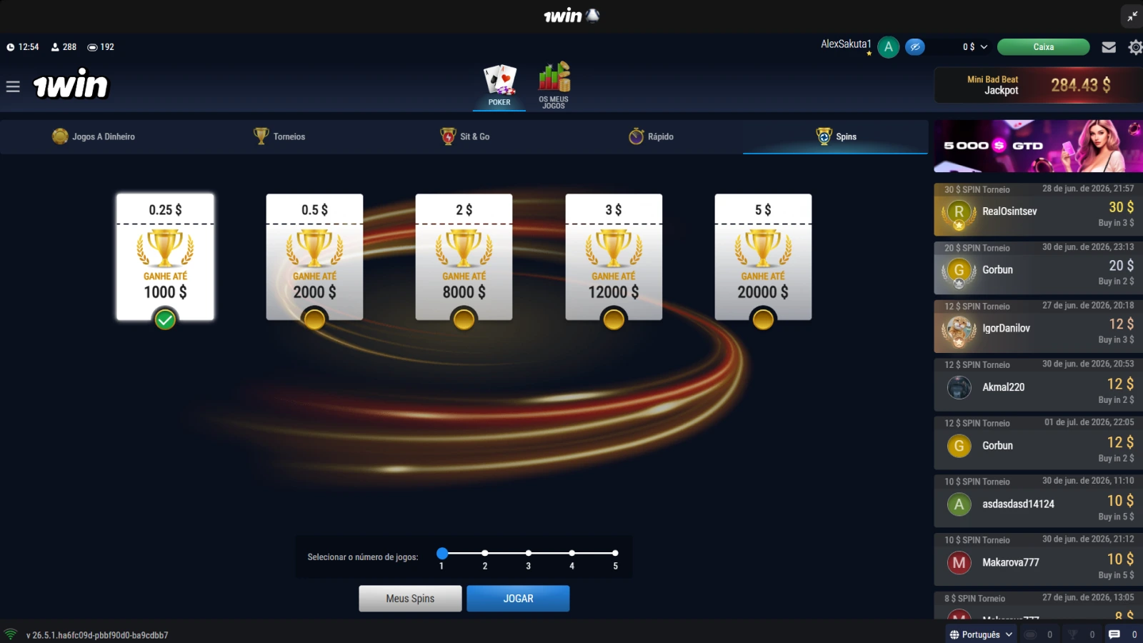 1win poker captura de tela spins