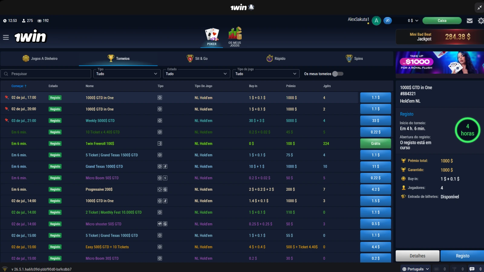 1win poker captura de tela torneio
